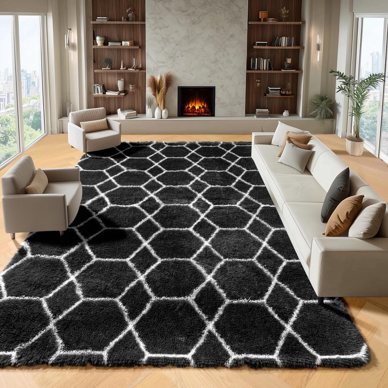 ONASAR 8x10 Area Rugs for Living Room, Fluffy Black and White Bedroom Rug, Geometric Boho Large Soft Plush Shaggy Fuzzy Floor Carpet for Nursery Kids Classroom Playroom Dorm Home Decor - Image 1