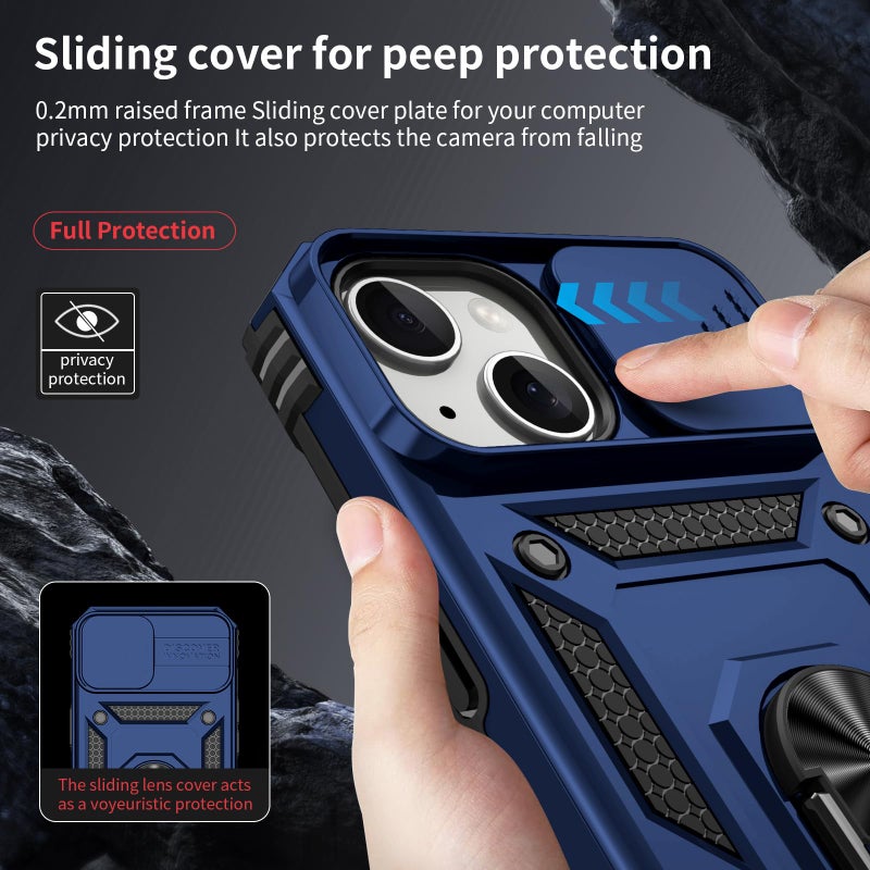 Vinve for iPhone 15 Case, Slide Lens Cover, HD Screen Protector, Military Grade Drop Protection, Magnetic Rotated Ring Holder Kickstand Protective Phone Case (Navy Blue) - Image 2