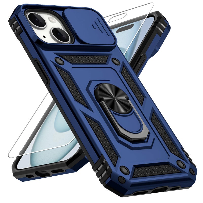Vinve for iPhone 15 Case, Slide Lens Cover, HD Screen Protector, Military Grade Drop Protection, Magnetic Rotated Ring Holder Kickstand Protective Phone Case (Navy Blue) - Image 1
