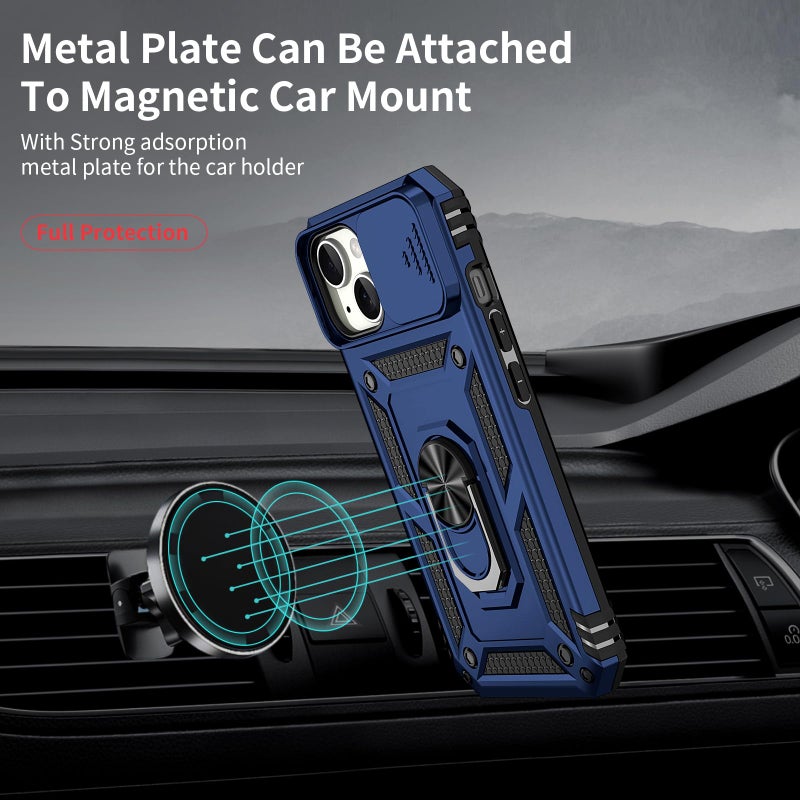 Vinve for iPhone 15 Case, Slide Lens Cover, HD Screen Protector, Military Grade Drop Protection, Magnetic Rotated Ring Holder Kickstand Protective Phone Case (Navy Blue) - Image 3