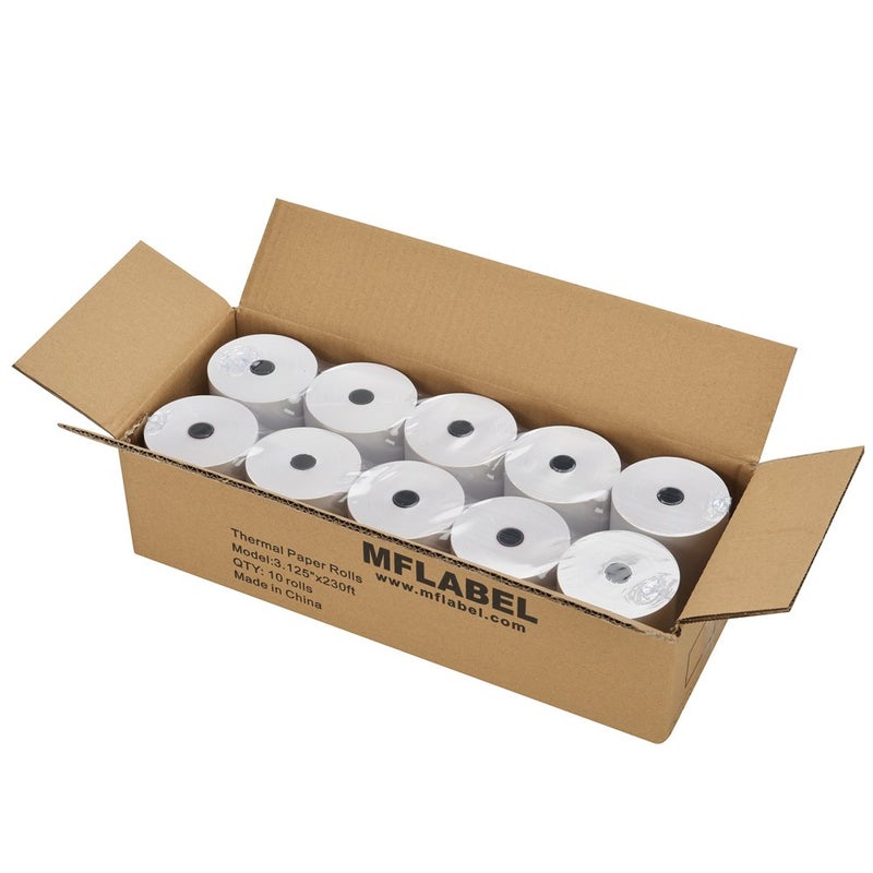 MFLABEL لفائف ورق حراري MFLABEL 3-1/8" - 10 لفات x 230 قدم، متوافقة مع طابعات إيصالات Star Micronics وEpson وIBM وPOS | ورق بطاقة ائتمان 80 مم مقاوم للبقع لعمليات واضحة - Image 1