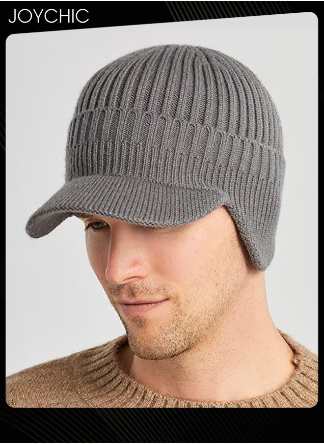 Joychic - Men Winter Visor Beanie Hat with Earflaps Knit Baseball Cap with Brim Ski Hat Warm Fleece Lined Hunting Hat Grey - Image 1