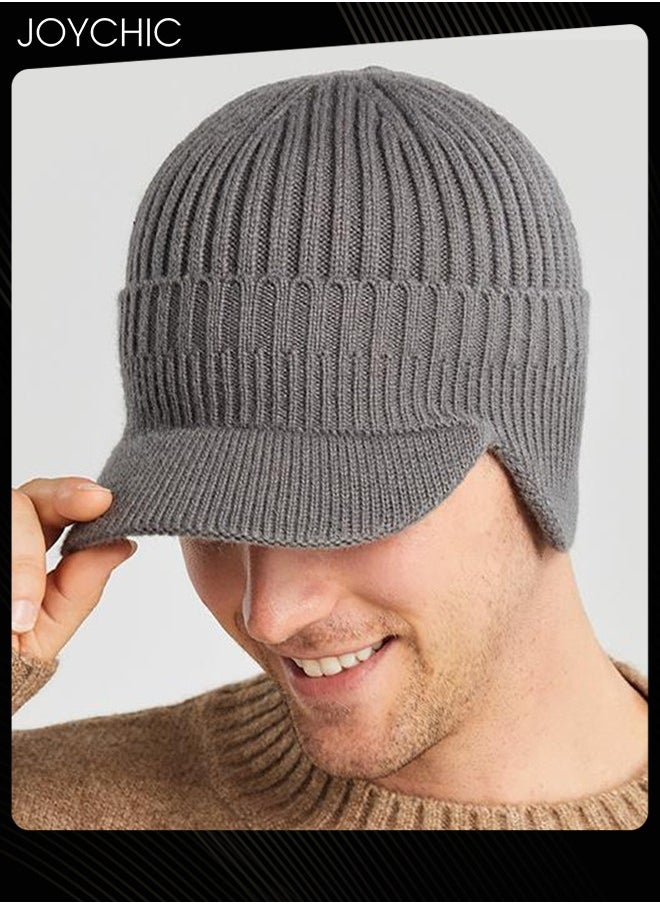 Joychic - Men Winter Visor Beanie Hat with Earflaps Knit Baseball Cap with Brim Ski Hat Warm Fleece Lined Hunting Hat Grey - Image 1