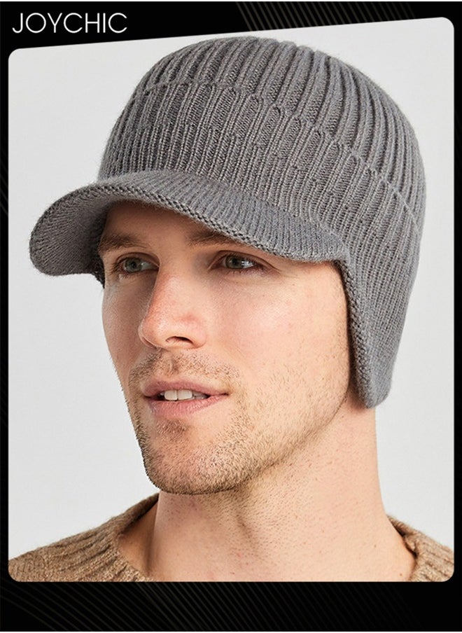 Joychic - Men Winter Visor Beanie Hat with Earflaps Knit Baseball Cap with Brim Ski Hat Warm Fleece Lined Hunting Hat Grey - Image 1