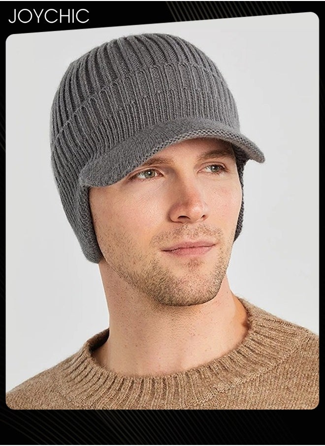 Joychic - Men Winter Visor Beanie Hat with Earflaps Knit Baseball Cap with Brim Ski Hat Warm Fleece Lined Hunting Hat Grey - Image 1