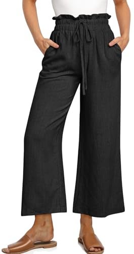 UEU Woman Wide Leg Pants Summer Linen High Waist Cropped Pants Lounge Palazzo Trousers 2024 Trendy Teacher Outfits- 25" Inseam (Black, M) - Image 1