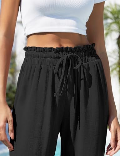 UEU Woman Wide Leg Pants Summer Linen High Waist Cropped Pants Lounge Palazzo Trousers 2024 Trendy Teacher Outfits- 25" Inseam (Black, M) - Image 3