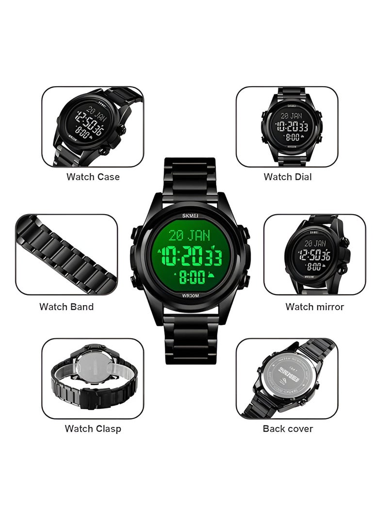 SKMEI - SKMEI Men's -1667 Stainless Steel Back Digital Alfajr Azan Prayer Wrist Watch - 44 mm - Black - Image 1