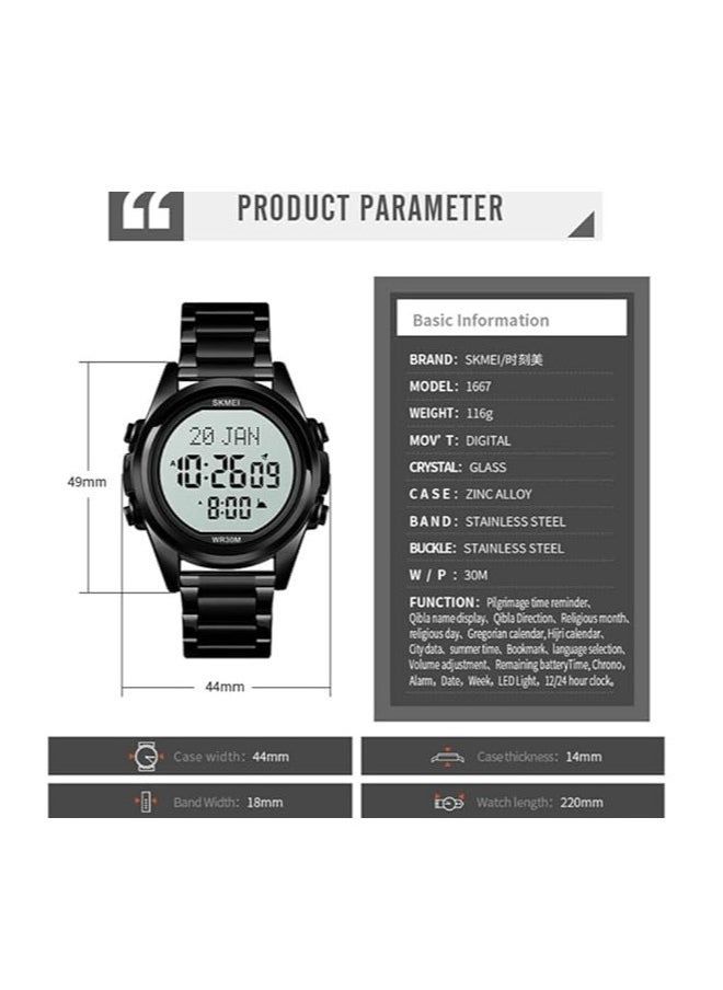 SKMEI - SKMEI Men's -1667 Stainless Steel Back Digital Alfajr Azan Prayer Wrist Watch - 44 mm - Black - Image 1