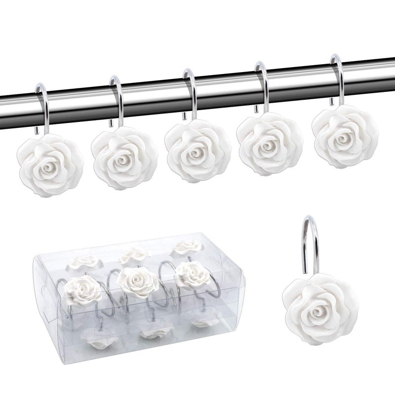 BEAVO Shower Curtain Hooks Home Decorative Rustproof Shower Curtain Hooks Resin Rose Flower Shower Hooks Rings for Bathroom Shower Rods CurtainsSet of 12 Hooks White