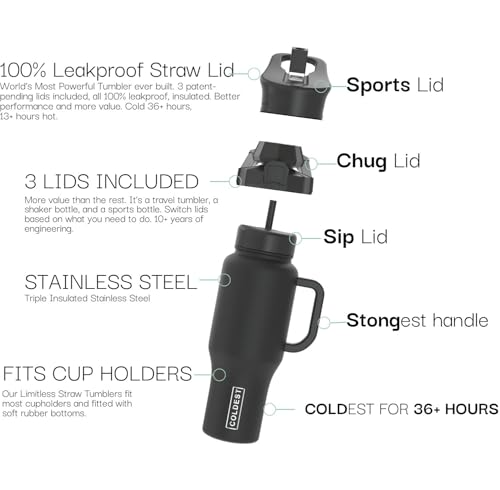 THE COLDEST WATER Coldest Tumbler with Handle and Straw - 100% Leak Proof Insulated Tumbler with Lid and Straw (3 Lids) - Stainless Steel Tumblers for Women & Men - Cup Holder Friendly Base, 46 oz (Stealth Black) - Image 2