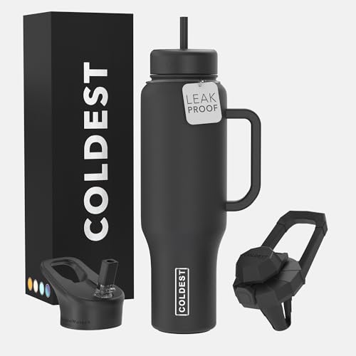 THE COLDEST WATER Coldest Tumbler with Handle and Straw - 100% Leak Proof Insulated Tumbler with Lid and Straw (3 Lids) - Stainless Steel Tumblers for Women & Men - Cup Holder Friendly Base, 46 oz (Stealth Black) - Image 1