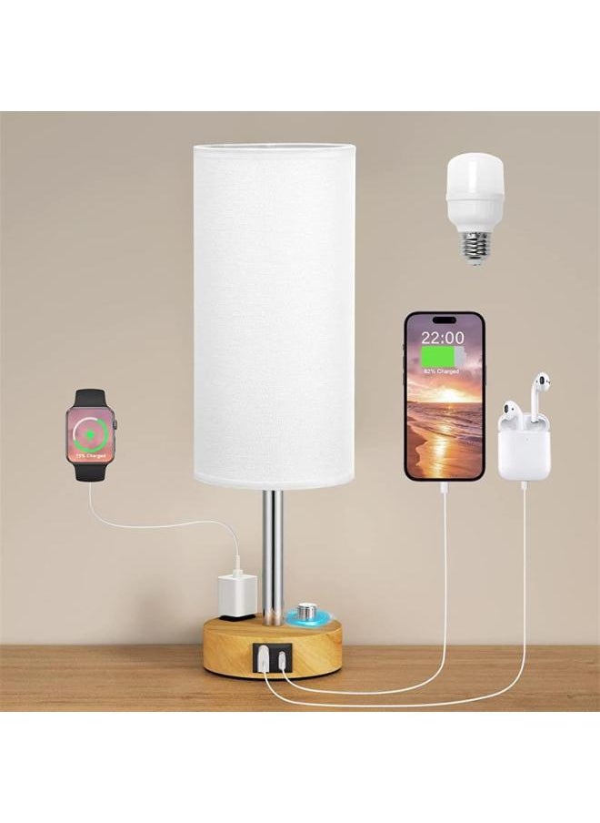 Exclusive For Linen Round Table Lamp Knob Dimmer Switch A C USB Function Bedside Lamp 2 Hole AC-Light Source Power:US Gauge + Special Dimming Bulb-Light Color:Gray Cloth