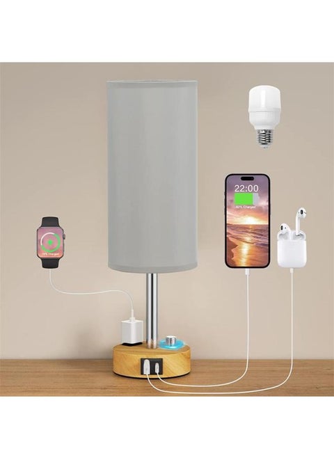 Exclusive For Linen Round Table Lamp Knob Dimmer Switch A C USB Function Bedside Lamp 2 Hole AC-Light Source Power:US Gauge + Special Dimming Bulb-Light Color:Gray Cloth