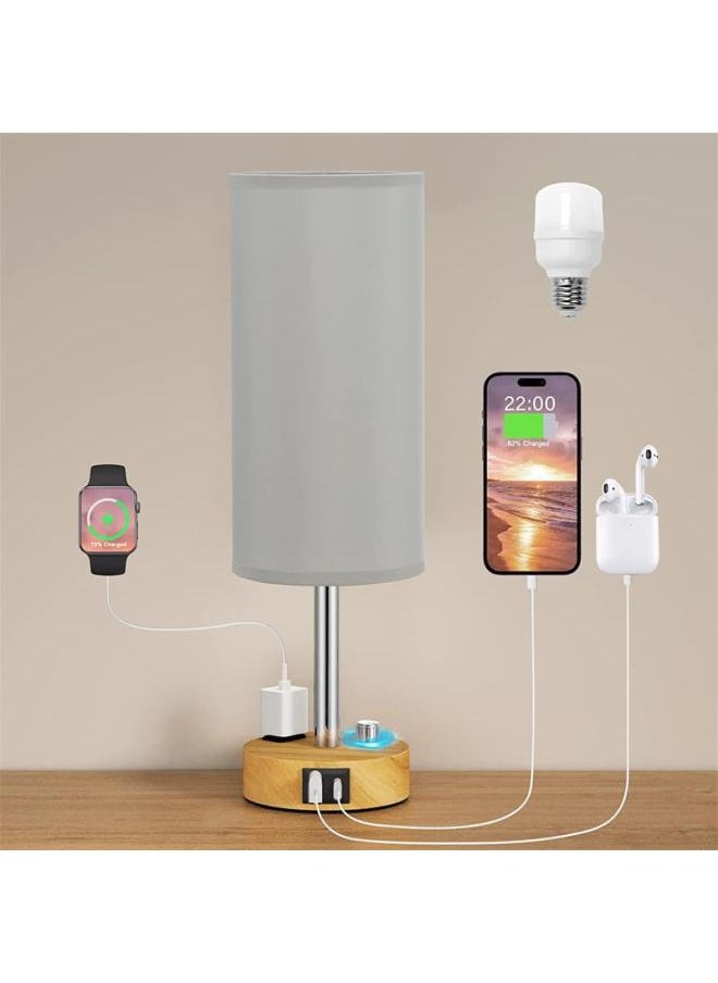 Exclusive For Linen Round Table Lamp Knob Dimmer Switch A C USB Function Bedside Lamp 2 Hole AC-Light Source Power:US Gauge + Special Dimming Bulb-Light Color:Gray Cloth