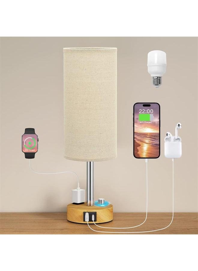 Exclusive For Linen Round Table Lamp Knob Dimmer Switch A C USB Function Bedside Lamp 2 Hole AC-Light Source Power:US Gauge + Special Dimming Bulb-Light Color:Gray Cloth