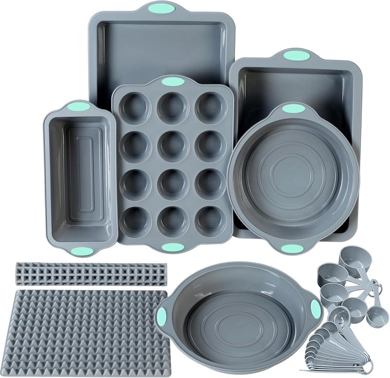 To encounter 8 in 1 Silicone Baking Set - 6 Cake Molds - 2 Silicone Baking Mat, Nonstick Cookie Sheet, Cake Muffin Bread Pan with Grips and Metal Reinforced Frame More Strength, Light Grey - Image 1
