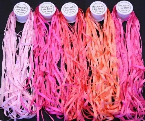 New ThreadNanny 5 Spools of 100 Pure Silk Ribbons  Pink Tones  50 MTS x 4mm