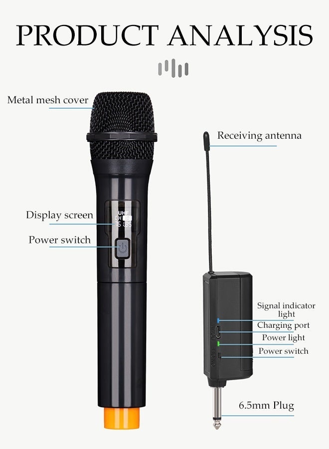 DUNISO Wireless Microphone,Metal Professional UHF Cordless Dynamic Mic,Universal Portable Handheld Dynamic Microphone,with Rechargeable Receiver,Plug and Play,Shockproof and Durable,for Amplifier, PA System, Singing Karaoke Machine,160 ft Range - Image 2