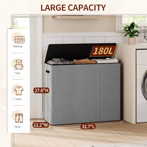 Relefree laundry hamper 3 section,180L large laundry basket for laundry sorting,Clothes Hamper with 3 Removable Bags,laundry hamper with lid, ideal for Bedroom,Bathroom,Dorm,Laundry Room,Grey - Image 3