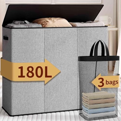 Relefree laundry hamper 3 section,180L large laundry basket for laundry sorting,Clothes Hamper with 3 Removable Bags,laundry hamper with lid, ideal for Bedroom,Bathroom,Dorm,Laundry Room,Grey - Image 1