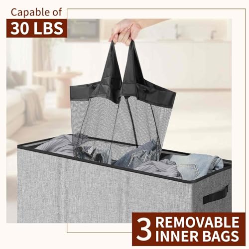 Relefree laundry hamper 3 section,180L large laundry basket for laundry sorting,Clothes Hamper with 3 Removable Bags,laundry hamper with lid, ideal for Bedroom,Bathroom,Dorm,Laundry Room,Grey - Image 5