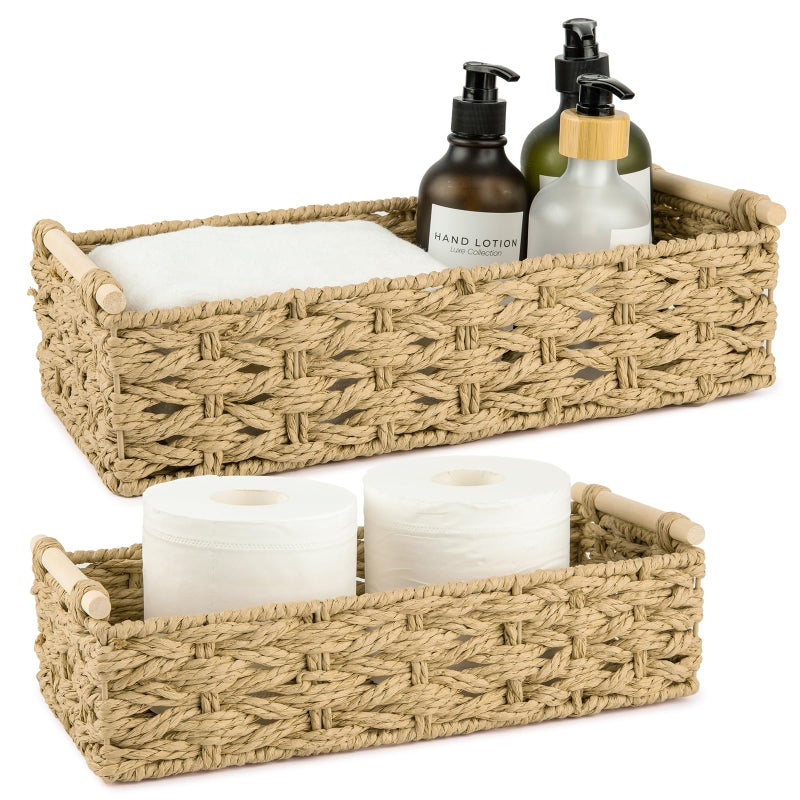 OIAHOMY Toilet Tank Basket for Bathroom, Paper Rope Storage Baskets for Toilet Tank Top, 2-Pack, Yellow - Image 1