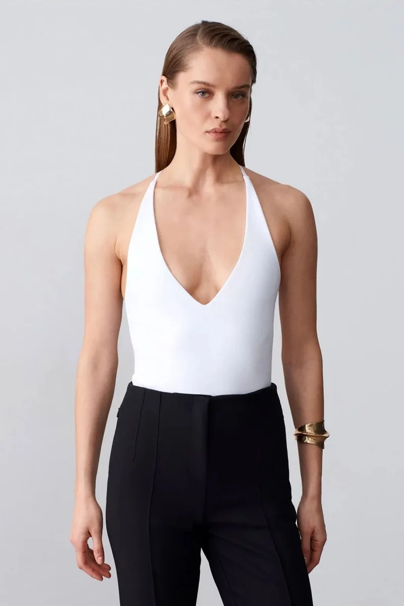 Dilvin White DILVIN Slim Fit Cut-Out Halter Bodysuit for Women | Best Price UAE