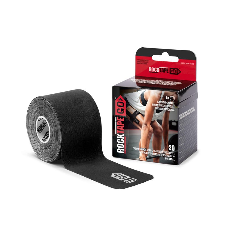 شريط كينيسيوLOGY RockTape Go القياسي اللاصق مسبق القطع باللون الأسود