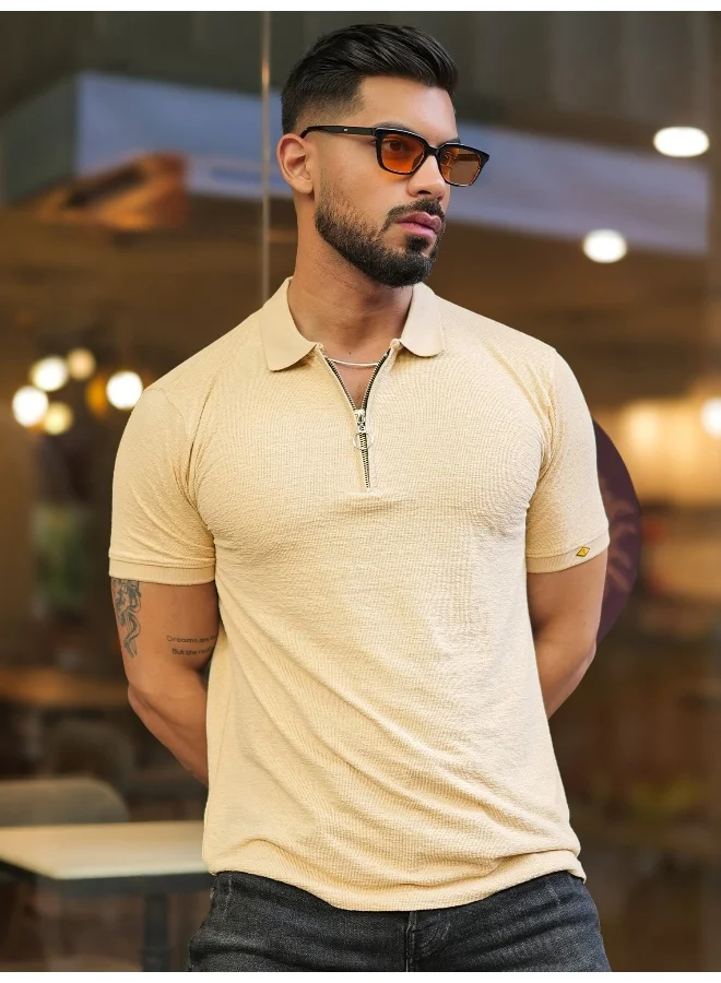 Maniac Maniac Mens Solid Polo Neck Half Zipper Half Sleeve Beige Slim Fit T-Shirt
