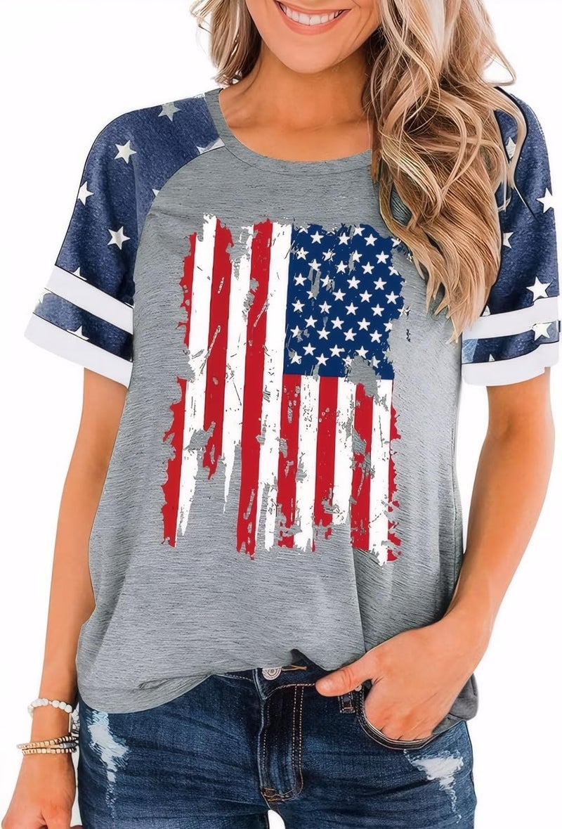 RETSUGO Women's American Flag Shirts Tee 4th of July T Shirts Patriotic Short Sleeve Star Stripes USA Tee Tops - Image 1
