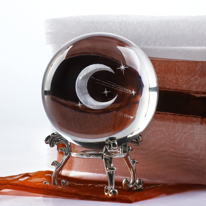 كرة كريستال زيرشي 60 مم 3D منقوشة بالليزر على شكل كوكب القمر مع قاعدة للديكور المنزلي