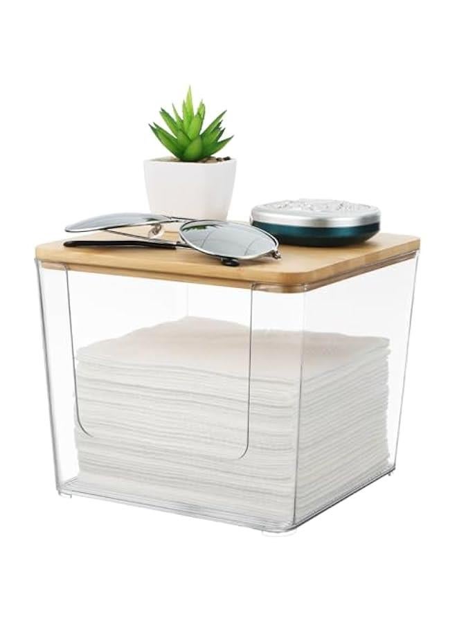 Arabest Disposable Face Towel Holder, Acrylic Facial Towels Storage Box for XL Clean Skin Club, Upgrade Large Tissue Holder with Bamboo Lid Towel Organizer Container for Bathroom Vanity Countertop  - Image 1