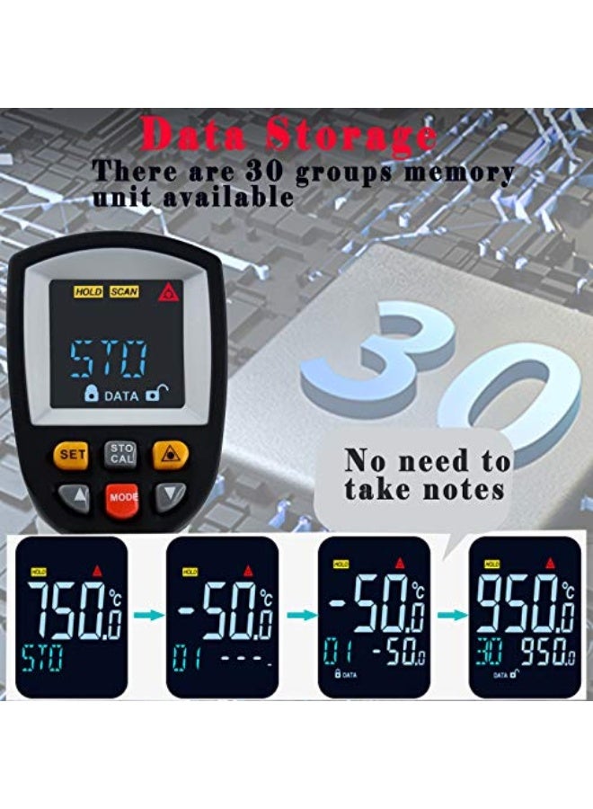BENETECH GT750 Infrared Thermometer Data Logger -58℉~1382℉(-50℃~750℃) with 30 Groups Memory, IR Laser Pyrometer Gun with High Low Temperature Alarm & MAX MIN DIF AVG Value for Cooking Auto Repair - Image 2
