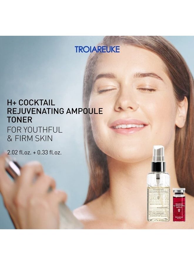 H+ Cocktail Ampoule Toner (Rejuvenating) 2.36 Fl. Oz. | for Wrinkled and Aging Skin | with Hydrolyzed Collagen, Peptide, Ginseng Root Extract