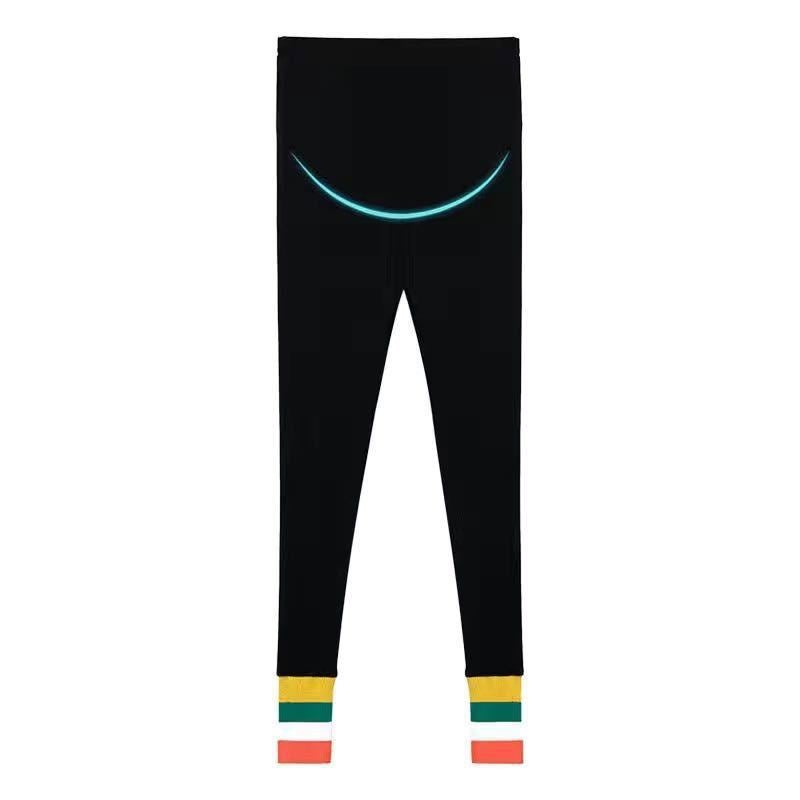 Pregnant womens clothing autumn suit fashion fashion mom autumn two-piece set belly-covering thin top T-shirt does not show pregnant spring and autumn Black belly pants (rainbow)