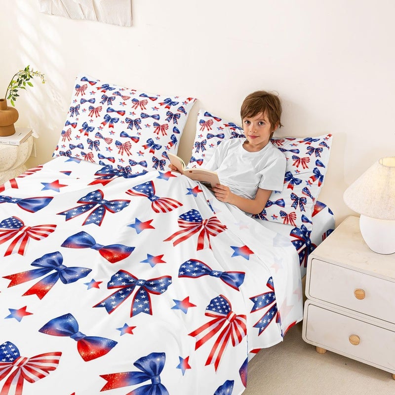 Feelyou Patriotic 250th Anniversary Bed Sheets Set Queen Size 4th of July Bed Set for Kids Boys Girls American Flag Sheet Set Red and Blue Star Print,1 Fitted Sheet+2 Pillow Sham+1 Flat Sheet - Image 4