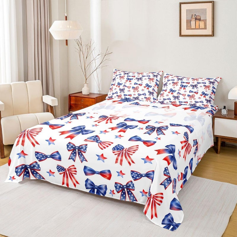 Feelyou Patriotic 250th Anniversary Bed Sheets Set Queen Size 4th of July Bed Set for Kids Boys Girls American Flag Sheet Set Red and Blue Star Print,1 Fitted Sheet+2 Pillow Sham+1 Flat Sheet - Image 1