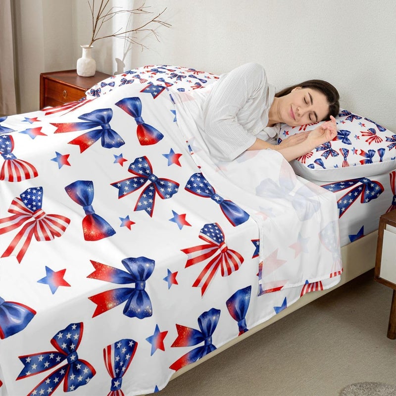 Feelyou Patriotic 250th Anniversary Bed Sheets Set Queen Size 4th of July Bed Set for Kids Boys Girls American Flag Sheet Set Red and Blue Star Print,1 Fitted Sheet+2 Pillow Sham+1 Flat Sheet - Image 2