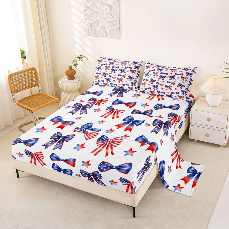Feelyou Patriotic 250th Anniversary Bed Sheets Set Queen Size 4th of July Bed Set for Kids Boys Girls American Flag Sheet Set Red and Blue Star Print,1 Fitted Sheet+2 Pillow Sham+1 Flat Sheet - Image 3
