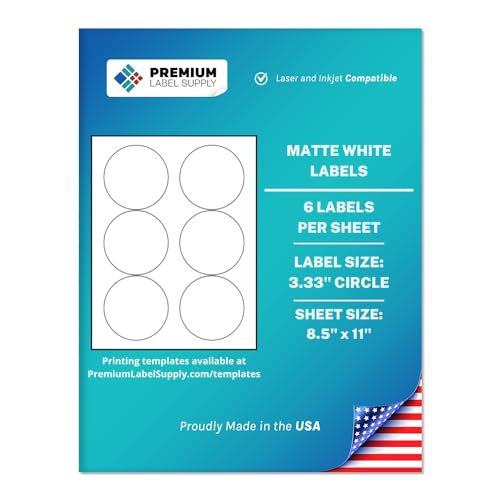 Premium Label Supply White Sticker Round Labels – 3.33" Circle – Laser/Inkjet Compatible – (6 per Sheet), 25 Sheets – 150 Total Adhesive Labels - Image 1