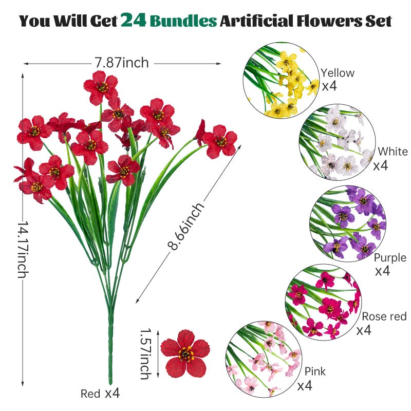 Lnoicy 24 Pcs Artificial Flowers for Outdoor,Plastic Flowers Decoration, UV Resistant Faux Flowers Shrubs, Artificial Plants for Indoor Outside Garden Home Wedding Farmhouseï¼ˆ6 Colorï¼‰ - Image 2