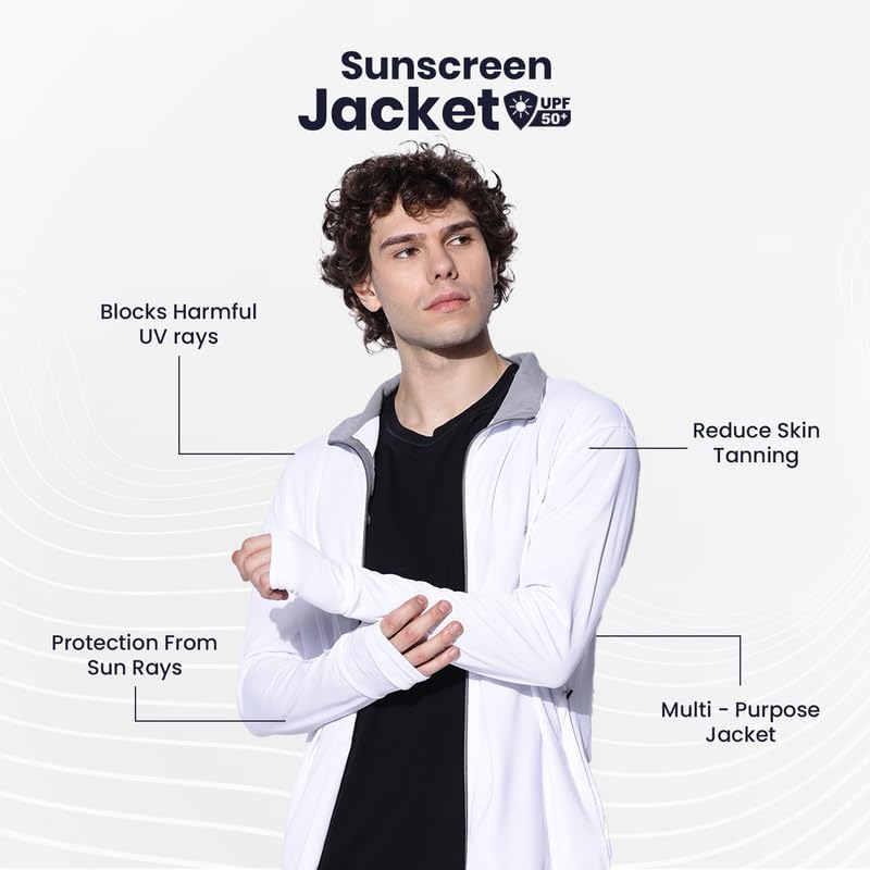 BLUE TYGA SUNSCREEN JACKET Men's Travel Standard Length Nylon Solid Plain Sports Summer Gym Workout Running Travel Trekking and Sunscreen jacket Winter Casual Wear White XL - Image 4
