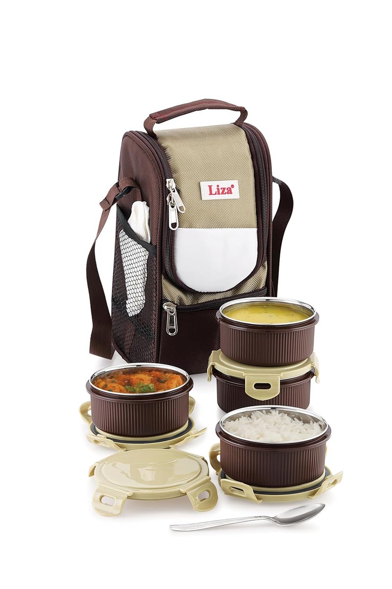 Liza Liza Hot Fresh Airtight Leakproof Inner Steel 4 Container Lunch Box with Bag, BPA Free, Easy to Carry Lunch Box (Set of 4 Lunch Boxes) for Office Men & Women (Beige) - Image 2