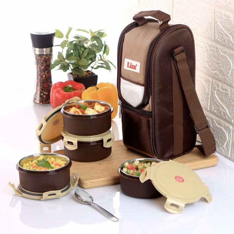 Liza Liza Hot Fresh Airtight Leakproof Inner Steel 4 Container Lunch Box with Bag, BPA Free, Easy to Carry Lunch Box (Set of 4 Lunch Boxes) for Office Men & Women (Beige) - Image 1