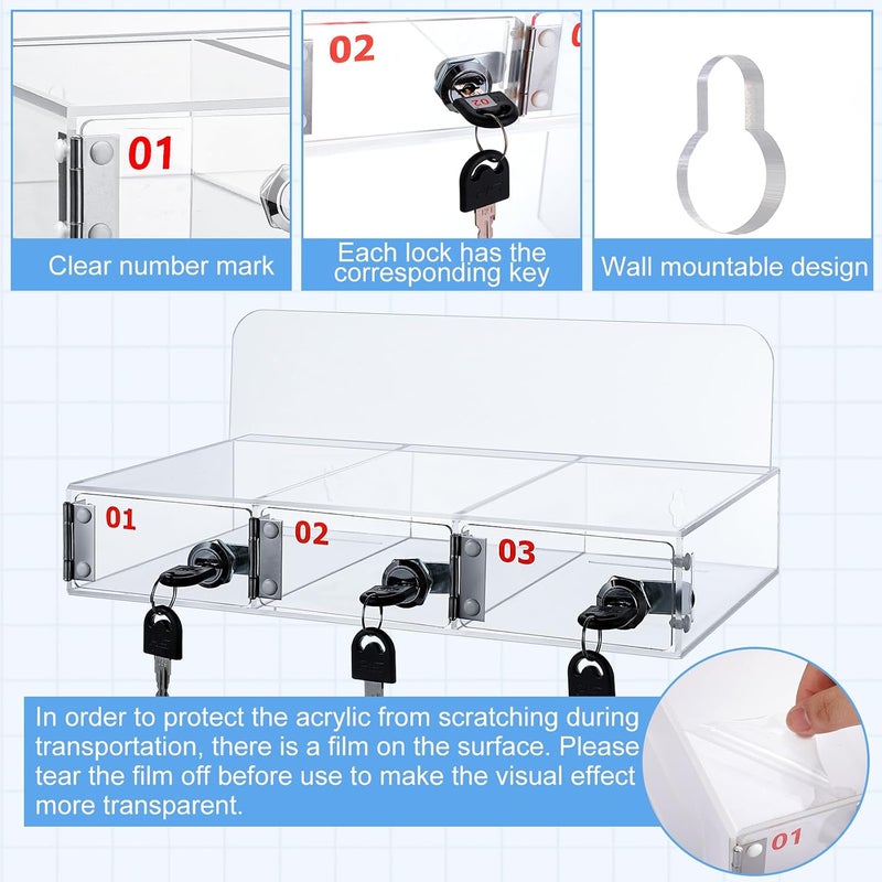 Threan Cell Phone Locker Box for Classroom with Door Locks and Keys Clear Acrylic Phone Jail Storage Cabinet Wall Mounted for School Factory Office(3 Slot) - Image 4