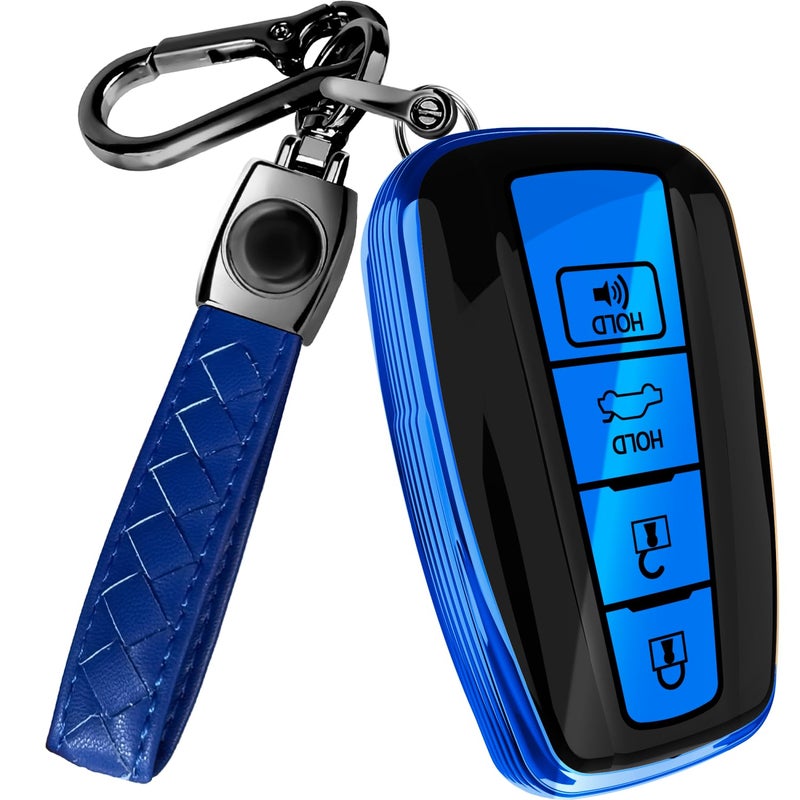 Lucrum Compatible with Toyota Key Fob Cover & Leather Keychain, Keyfob Case for Avalon Camry Corolla Prius RAV4 Highlander C-HR, For 4 Button Remote (2019-2024) - Blue and Black - Image 1