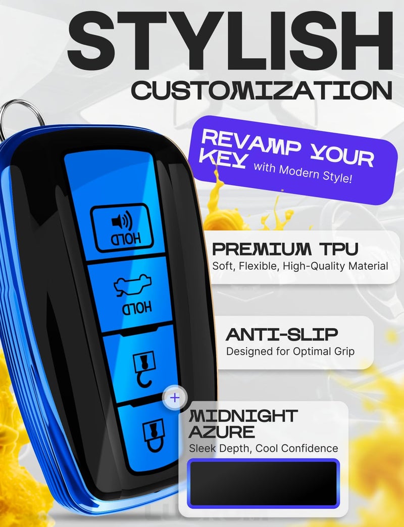 Lucrum Compatible with Toyota Key Fob Cover & Leather Keychain, Keyfob Case for Avalon Camry Corolla Prius RAV4 Highlander C-HR, For 4 Button Remote (2019-2024) - Blue and Black - Image 3
