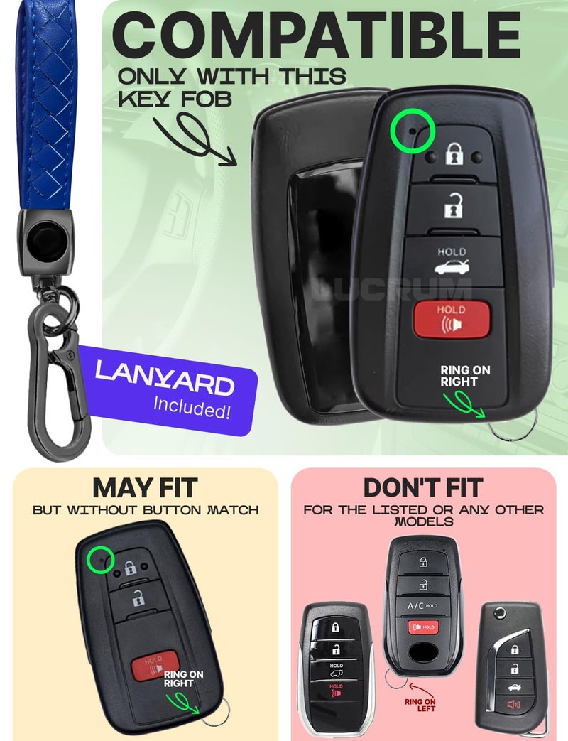 Lucrum Compatible with Toyota Key Fob Cover & Leather Keychain, Keyfob Case for Avalon Camry Corolla Prius RAV4 Highlander C-HR, For 4 Button Remote (2019-2024) - Blue and Black - Image 2