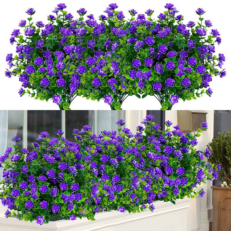 ArtBloom 12 Bundles Outdoor Artificial Flowers UV Resistant Fake Boxwood Plants Faux Greenery for Indoor Outside Hanging Plants Garden Porch Window Box Home Wedding Farmhouse Dcor Purple